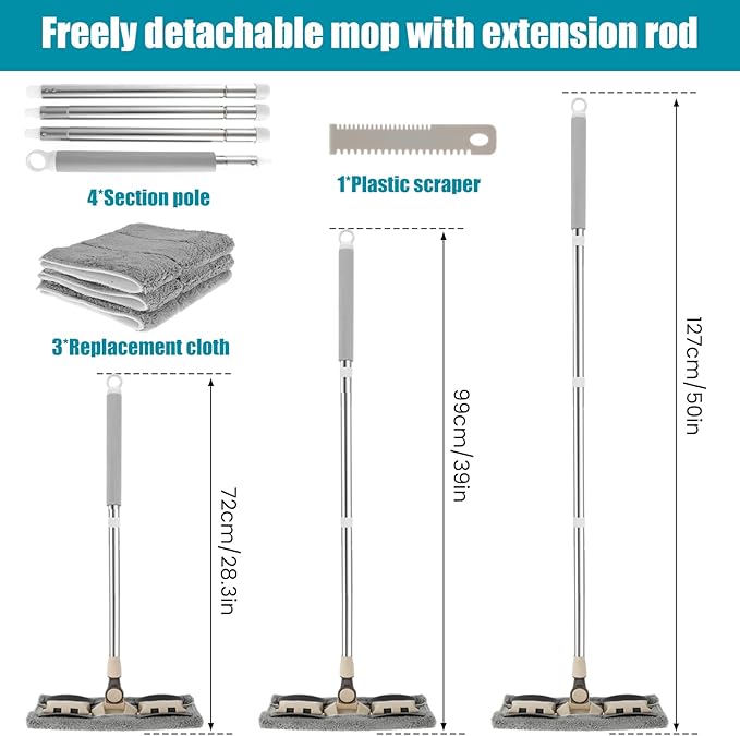 Microfiber Dust Mop with Adjustable Handle360 ° Rotating Floor Cleaning Mop with 3 Replacement Mop Pads Scraper 32inch Long Handle Flat Floor Mops Wet or Dry Microfiber Cleaning Mop for Floor