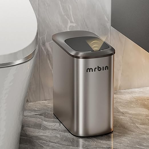 MRBIN Stainless Steel Motion Sensor Bathroom Trash Can 10L / 2.6gal Slim Smart Toilet Waste Basket with Lid Automatic Touchless Kitchen Bucket for Narrow Restroom Vanity Rv Eclipse Grey