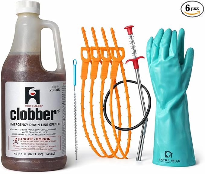 Clobber Complete Drain Cleaning Kit – Emergency Drain Line Opener with Mechanical Tools &amp Protective Gloves – Heavy-Duty Clog Removal for Hair Grease &amp Buildup
