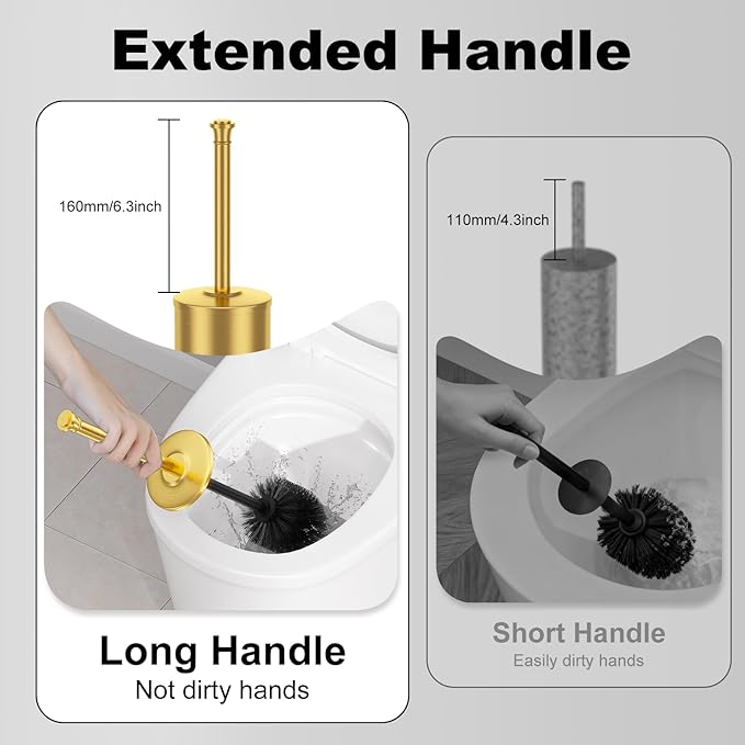 Brass Toilet Brush and HolderLong Handled Gold Toilet Brush for BathroomStainless Steel Heavy Duty Toilet Bowl BrushRemovable Inner BowlDeep Cleaning Dense Bristles Cleaner Brush -Space Saving