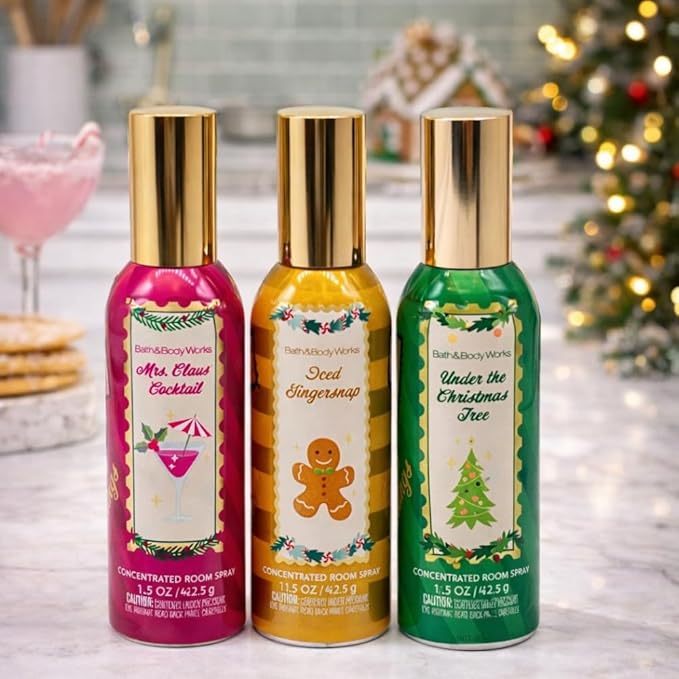 Bath &amp Body Works WINTER HOLIDAY Scents – UNDER THE CHRISTMAS TREE MRS. CLAUS’ COCKTAIL and ICED GINGER SNAP Concentrated Room Spray 3pc Gift Sets 1.5oz w/ 30-In Christmas-Themed Puppy Burlap Rib