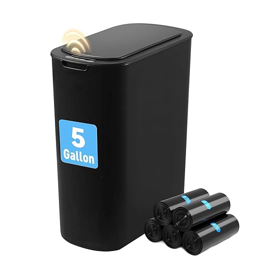 Automatic Bathroom Garbage Bin with Lid 5 Gallon Touchless Trash Bin Smart Electric Narrow Waterproof Trash Can for Toilet Office Kitchen Bedroom Living Room