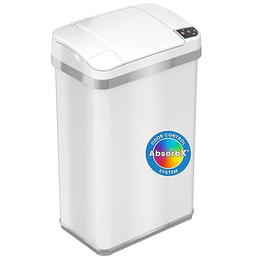 iTouchless 4 Gallon Bathroom Trash Can with Odor Control 15 L Automatic Motion Sensor Bin Soft-Close Stainless Steel Slim Wastebasket for Narrow Spaces White