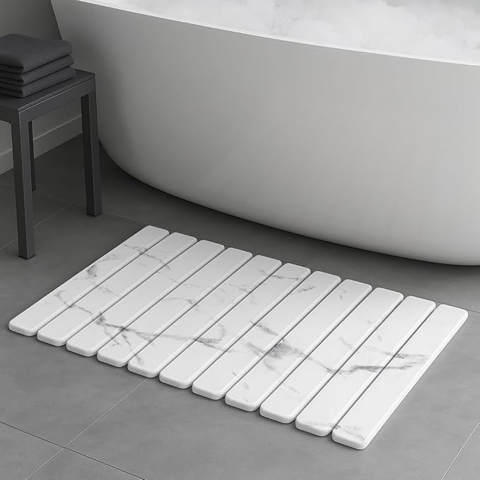 Premium Foldable Stone Bath Mat - Ultra Absorbent Quick Drying Compact Easy to Store &amp Clean Non-Slip Diatomaceous Earth Bath Shower Mat (Marble White)