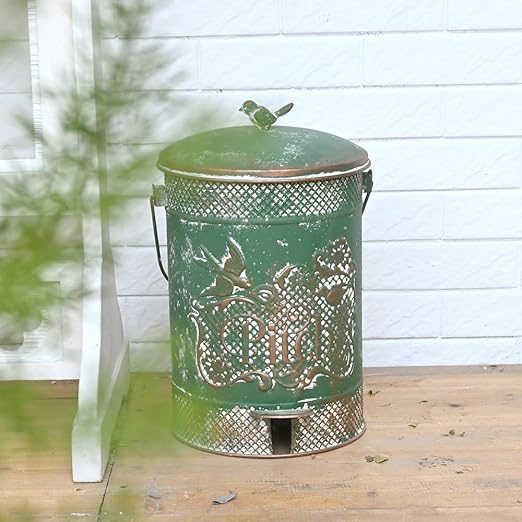 Farmhouse Garbage Can with Lid Indoor Outdoor Trash Can with Embossed Bird and Flowers PatternMetal Retro Kitchen Trash Can with Lid for Kitchen Room and Garden Decor (Green)