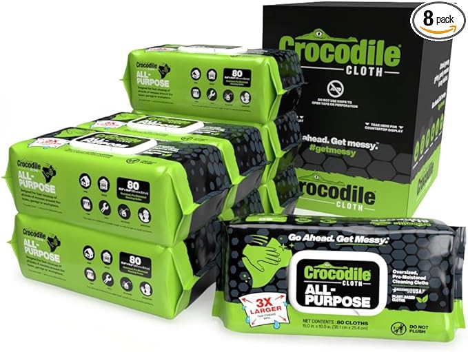 Crocodile Cloth All-Purpose Cleaning Wipes – 8 Pack/640 Total Count 15x10 Extra Large Plant-Based Disposable Cloths – Moist Absorbent Safe on Skin Multi-Surface Use