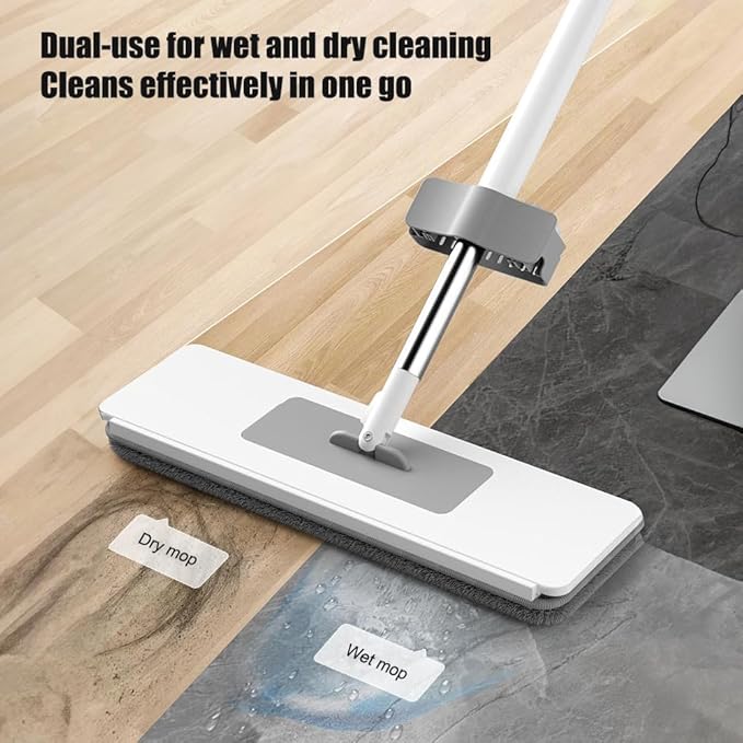 Self Wringing Flat Mop with 2 Microfiber Pads 360 Spin Head Hands Free Cleaning for Hardwood Tile Floors Wet and Dry Use