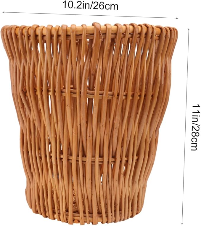 Unomor 1pc Woven Wastebasket Rattan Trash Can for Bathroom Bedroom Office Compact Design Stylish Decorative Storage Container Natural Diameter Height