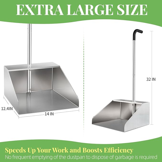 32In Extra Large Dust Pan with Long HandleHeavy Duty Metal Dust Pan for Jumbo Debris Pan-Commercial Stand up DustpanWide Mouth Outdoor Dustpan for Courtyards/Garage/Sidewalks-Professional Cleaning