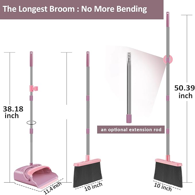 kelamayi Broom and Dustpan Set for Home Office Indoor&ampOutdoor Sweeping Stand Up Broom and Dustpan (Pink)