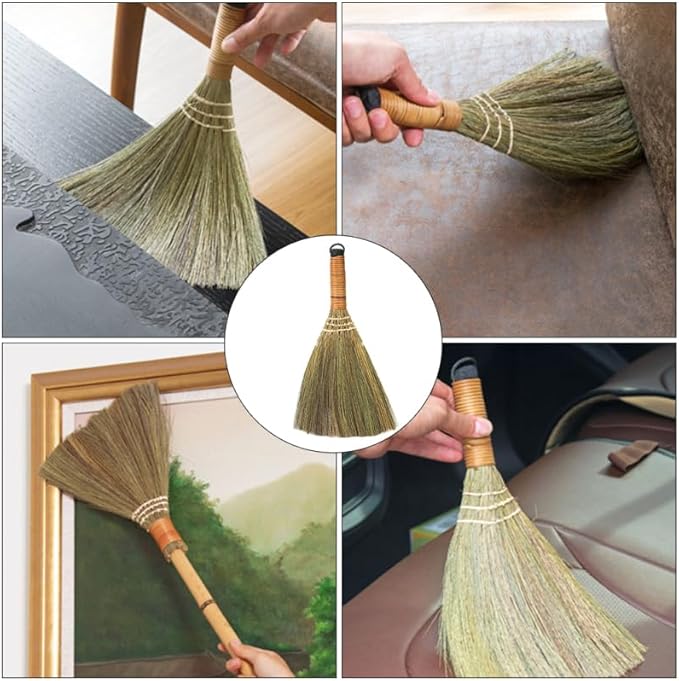 Veemoon 4 Pcs 12 Inch Whisk Broom Handheld Cleaning Broom Straw Corn Whisk Brush Small with Handle Dust Brush Rustic for Dirt and Debris Household