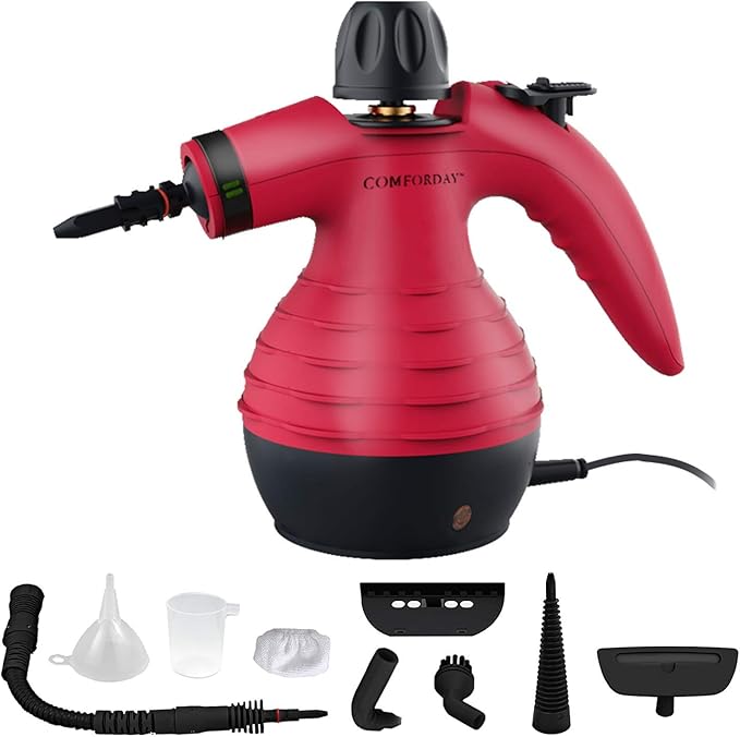 Comforday Handheld Pressurized Steam Cleaner - Multipurpose Steamer with 9-Piece Accessory Kit for Stain Removal Upholstery Curtains Car Seats Carpets Floors and Windows (Red)