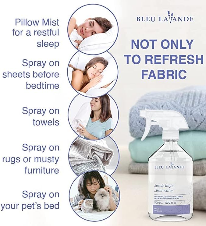 Bleu Lavande - Lavender Linen Water - Made with Pure Lavender Essential Oil - Natural Scent Fabric Refresher Spray - No Artificial Fragrances - Laundry Scent Booster - 2x 16.9 Fl Oz - 2 Pack
