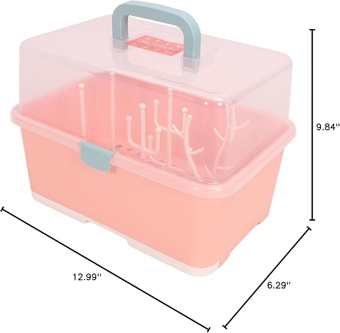 SUNGOOYUE Baby Bottle Drying Rack Portable PP Nursing Bottle Storage Box with Detachable Drain Feeding Bibs for Home Travel Bib (Implicit Pink) SUNGOOYUEpofvukabs8-12