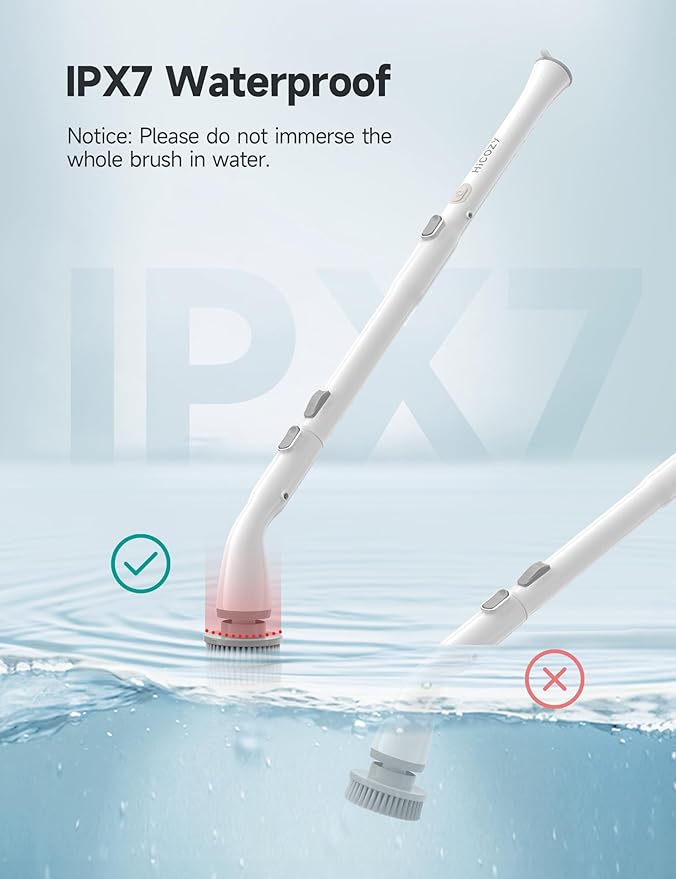 HiCOZY Electric Spin Scrubber HS1 Cordless Shower Scrubber for Cleaning with 4 Replaceable Brush Heads Adjustable Extension Handle IPX7 Waterproof Cleaning Brush for Bathroom Floor White