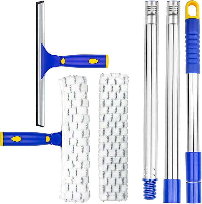 ITTAR Window Squeegee with 2 Sets Stainless Steel Pole Squeegee Cleaning Tools with Microfiber Pads 60-72 Telescopic Window Washing Kit Professional Squeegee Cleaner for Home Car Outside Glass