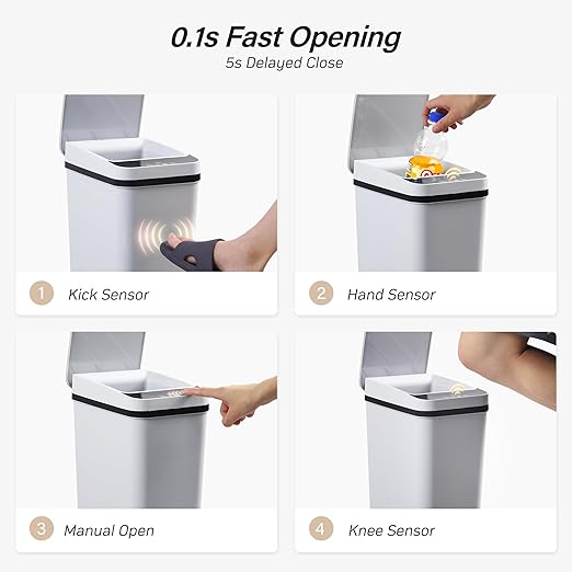 Bathroom Trash Can 2.6 Gallon Automatic Small Garbage Can with Lid Slim Motion Sensor Plastic Narrow Trash Bin for Bedroom Kitchen Office (A-Basic Battery Supply-Grey 1 Pack(2.6 Gallon))