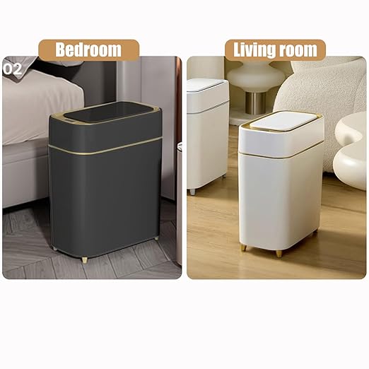 Yatmung 2-Pack - Automatic Trash Cans Touchless Motion Sensor Bathroom Trash Can - Waste Basket for Bedroom Home Offices Small Spaces - Compact Smart Garbage Can with Lid - Black with Gold Edge