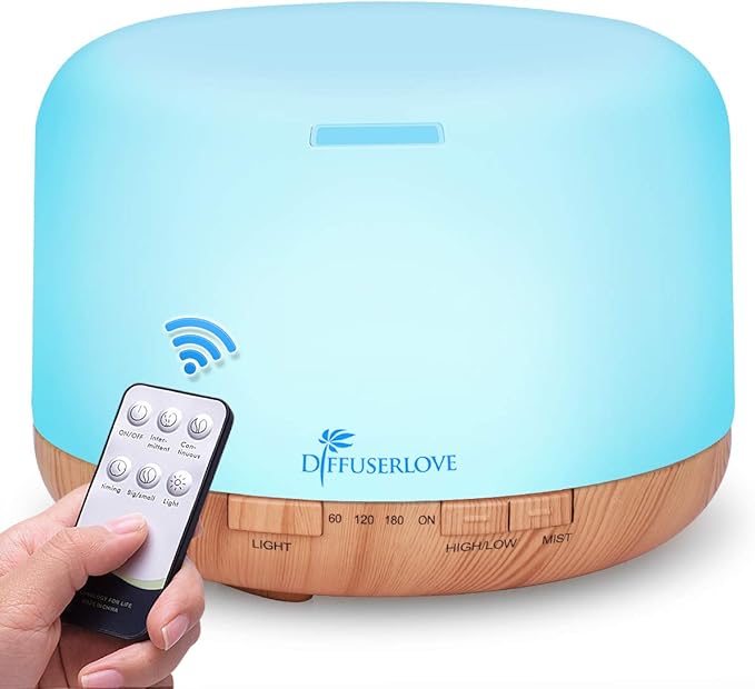 Diffuserlove Diffuser Essential Oil Diffusers 500ML Remote Control Aroma Diffuser Cool Mist Aromatherapy Diffuser with Mute Design Timer and Auto Shut-Off for Office Living Room Yellow