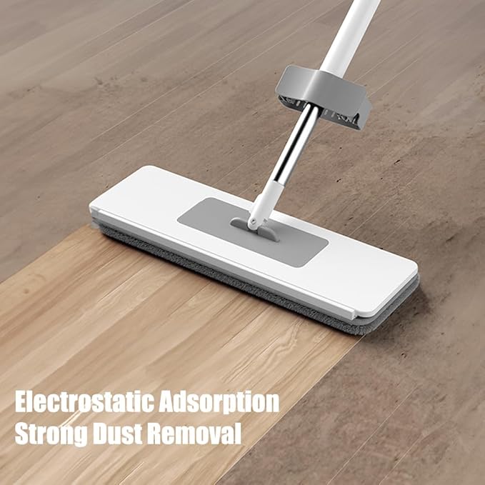 Self Wringing Flat Mop with 2 Microfiber Pads 360 Spin Head Hands Free Cleaning for Hardwood Tile Floors Wet and Dry Use
