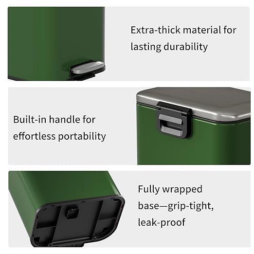 MRBIN Bathroom Trash Can with Lid Metal Step Kitchen Waste Basket Touchless Soft Close 20L / 5.2gal Rectangle Garbage Bucket with Stainless Steel Pedal for Office Bedroom Accessories Green