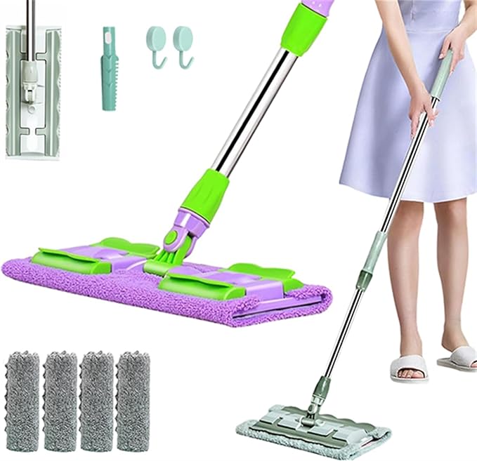 Microfiber Floor Mop 15 with 4 Pads Adjustable Handle Flat Mop with Stainless Steel Handle 360 Rotatable Adjustable Retractable Cleaning Mops for Hardwood Laminate Tile Floor (Violet)