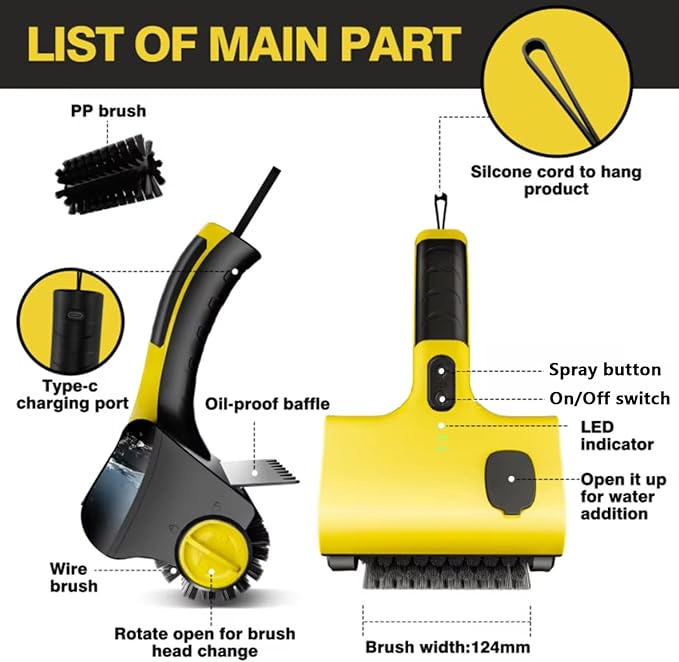 Cordless Barbecue Grill Cleaner with 2600mAh Rechargeable Battery Removable PP &amp Wire Brush Heads 280-320RPM Ideal for Tiles Stoves &amp Sinks Cleaning