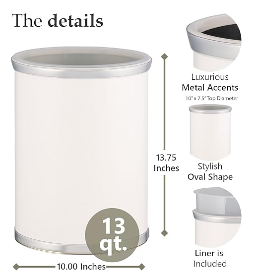 Kraftware Sophisticates Oval Wastebasket with Plastic Liner Adding Classic Style to The Bathroom and All Other Rooms in The Home or Office 13 Quart Capacity 2 Piece Set White with Brushed Chrome
