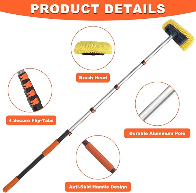 Buyplus 12FT Car Wash Brush with Long Handle 12-Inch Soft Bristle with Aluminium Telescoping Pole for Cleaning Car SUV RV Boats House Siding Floors Solar Panels and More