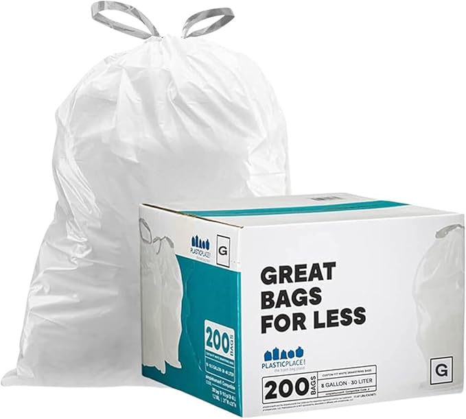 Plasticplace Custom Fit Trash Bags Compatible with simplehuman Code G (200 Count) White Drawstring Garbage Liners 8 Gallon / 30 Liters 17.5 x 28