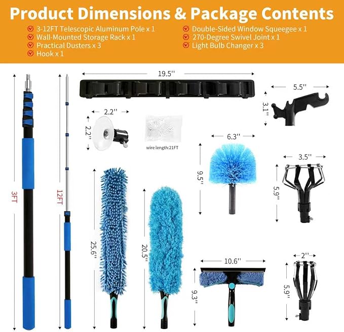 Duster with Extension Pole (20 FT Reach) Light Bulb Changer for High Ceilings &amp 3-12FT Extension Pole Duster Cleaning Kit Fan Duster/Cobweb Duster/Window Washing Kit for High Window Interior Ro