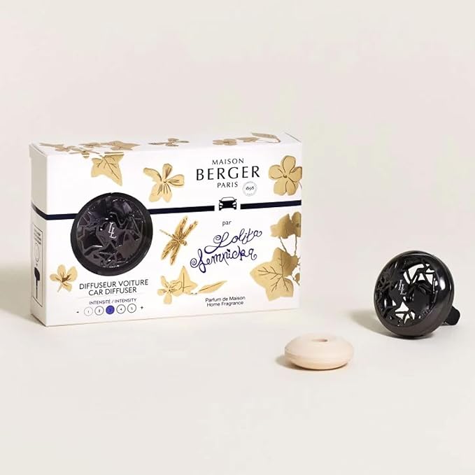 Maison Berger Car Diffuser Set – Refillable Vent Clip Ceramic Refill Made in France - Luxury Auto Scent - 4-Week Diffusion - Elegant Air Freshener for All Car Vents (Lolita Lempicka Black)
