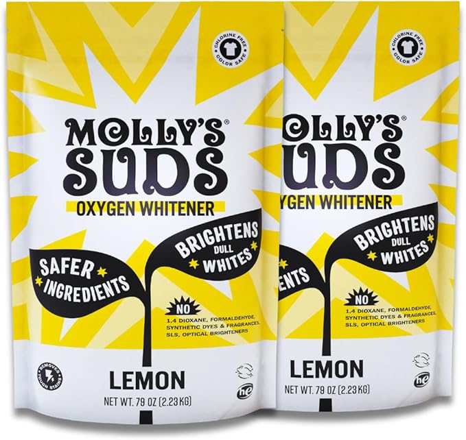 Molly's Suds Oxygen Whitener | Powerful Bleach Alternative Chlorine Free &amp Color Safe | Brightens Whites and Removes Stains (Pure Lemon Essential Oil - 158 oz)