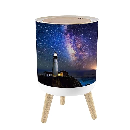 Small Trash Can with Lid Milky Way Lighthouse Pescadero California 1.8 Gallon/7L Garbage Can Waste Bin with Pop-Up Lid Wood Legs Wastebasket for Bathroom Kitchen Bedroom