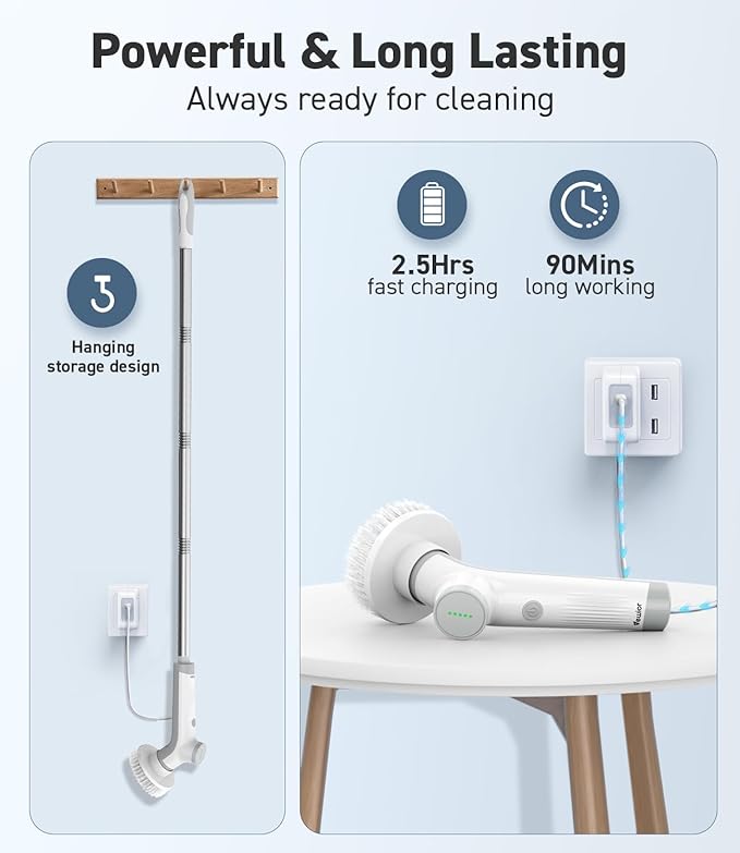 VEWIOR Electric Spin Scrubber Cordless Cleaning Brush with 3 Adjustable Angle 2 Speeds 3 Replaceable Brush Heads for Floor Bathroom Tub Tile Kitchen Window