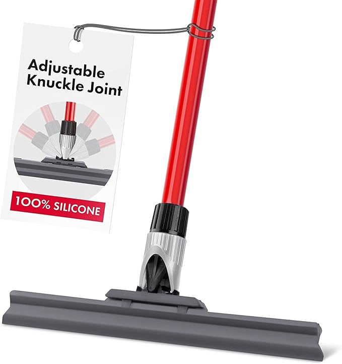 Silicone Floor Squeegee with 55-Inch Long Handle 12-Inch Single Cast Silicone Blade 360° Swivel Joint - Multifunction Floor Squeegee for Garage Concrete Floor Shower Floor Glass Windows