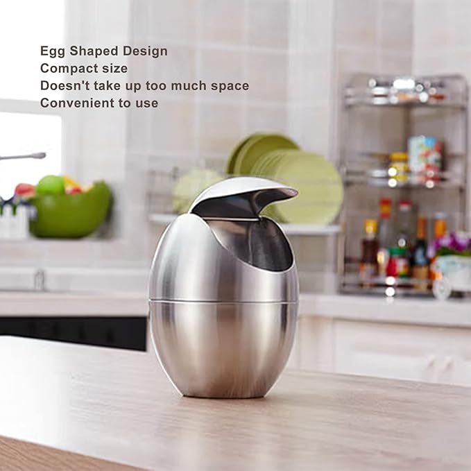 Tyenaza Mini Trash Can Egg-Shaped Stainless Steel Countertop Garbage Bin Mini Desk Can with Swing Lid for Office Desk Coffee Table Vanity Tabletop Bedroom
