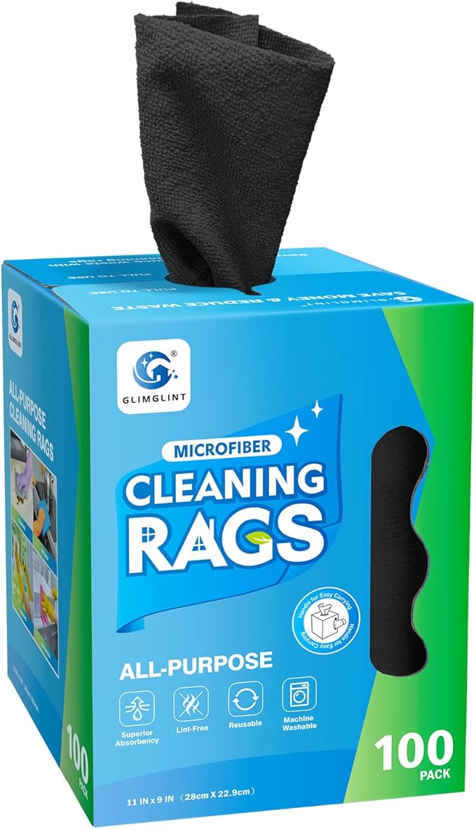 GLIMGLINT Black Microfiber Cleaning Cloth 100 Pack Cleaning Rags Lint-Free Ultra Absorbent Reusable Paper Towels for Home Kitchen Car Garage or Shop Dish Rags 11 x 9
