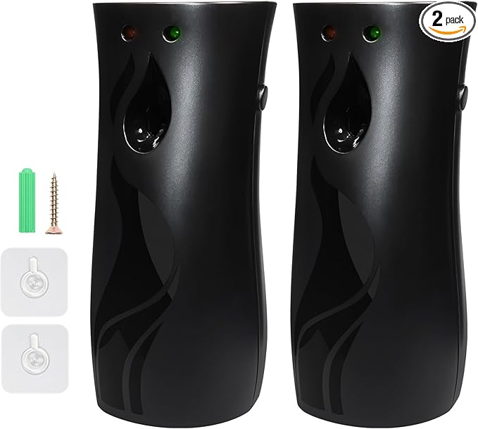 2 Pcs Automatic Air Freshener Spray DispenserFree Standing or Wall MountedAutomatic Fragrance Dispenser for Standing Aerosol Sprayer for Hotel Office Living Room Bathroom Commercial Place (Black)