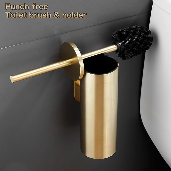 AIREMOEN 1PCS Brushed Gold Stud Free Toilet Brush and Holder Set 304 Stainless Steel Handle Toilet Brush Holder Toilet Brush and Plunger Set Bathroom Wall-Mounted Compact Toilet Brush Holder