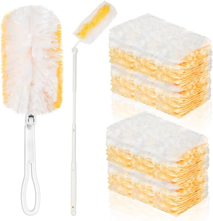 100 Pcs Duster Refills Bulk Thickened Duster Refill Electrostatic Duster Head Duster Refills for Cleaning with 2 Long Handles 2 Short Handles Disposable Duster Refills for Blinds(Yellow)
