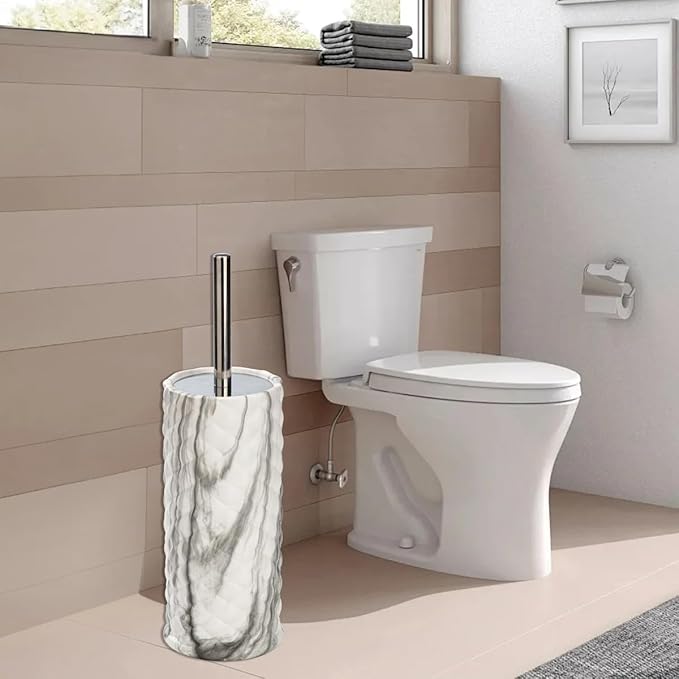 J&ampV TEXTILES Ceramic Toilet Brush Toilet Bowl Brush with Extra Long Handle Durable Bristles Toilet Scrubber and Covered Holder for Toilet Brush Set for Bathroom Cleaning (Chrome/Marble)