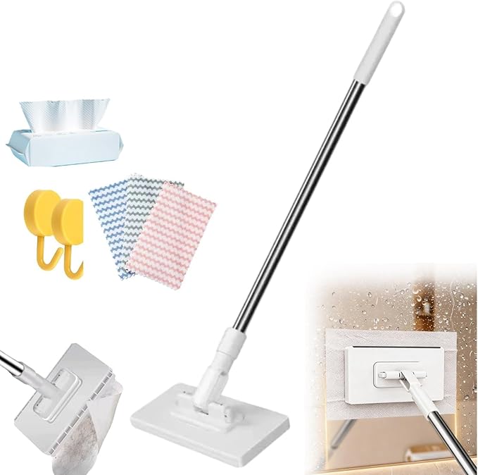 Snap Grip Minimop (40 in Locking Handle) Reusable Wash-Free Mini Mop Dry and Wet Use Clever Snap-Grip Mini Mop for Gaps &amp Multi-Surface Retractable and Adjustable(White 3 Cloths)