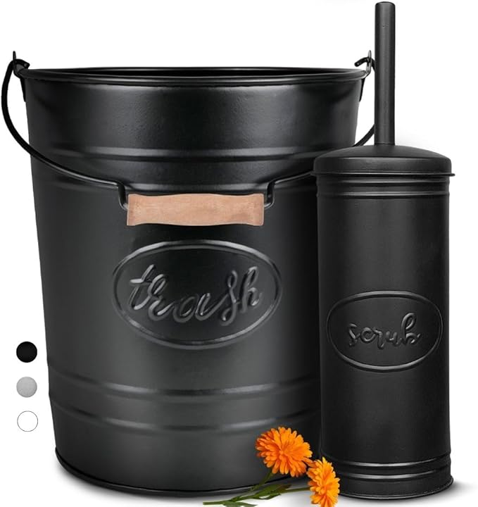 Autumn Alley Farmhouse Bathroom Trash Can and Toilet Brush Set - Rustic Bathroom Accessories for Charming Bathroom Décor Matte Black Heavy Gauge Metal