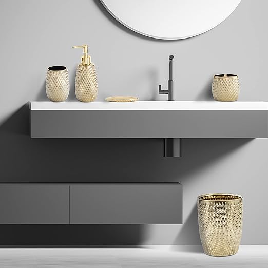 Modern Golden Small Trash Can Wastebasket Garbage Container Bin for Bathrooms Powder Rooms Kitchens Home Offices - Durable Ceramics - Round