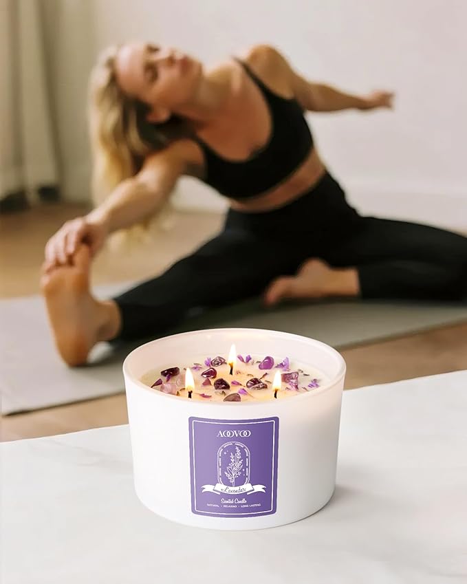 AOOVOO Lavender Scented Candles for Women - 20oz 3 Wick Soy Candles for Home Scented Aromatherapy Candle with Crystals Inside Birthday Gifts Valentines Day Candle for Women Mom