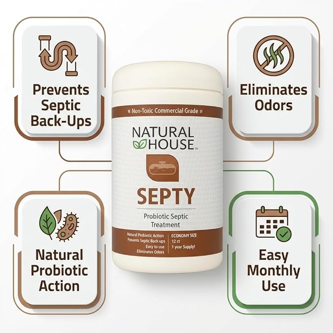 Natural House Septy - Probiotic Septic Tank Treatment - Prevents Backups - Reduces Odors - Supports Drain Fields - 12 Month Supply