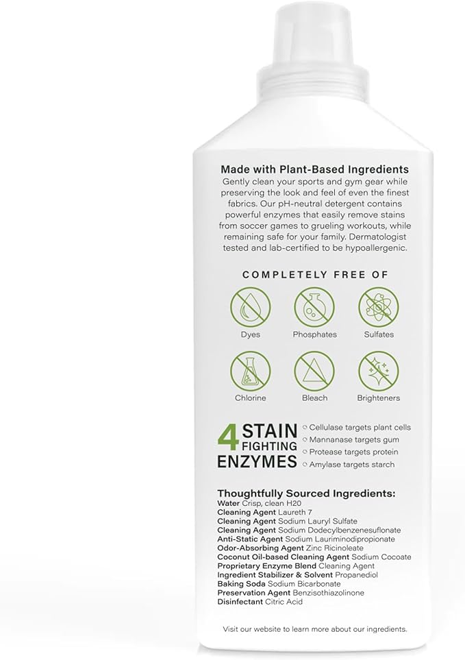 Athletic Sport Active wear Laundry Detergent | 4x Powerful Plant-Based Formula with Cleaning Enzymes for Sport Wash | Fragrance Free Natural Odor &amp Stain Remover