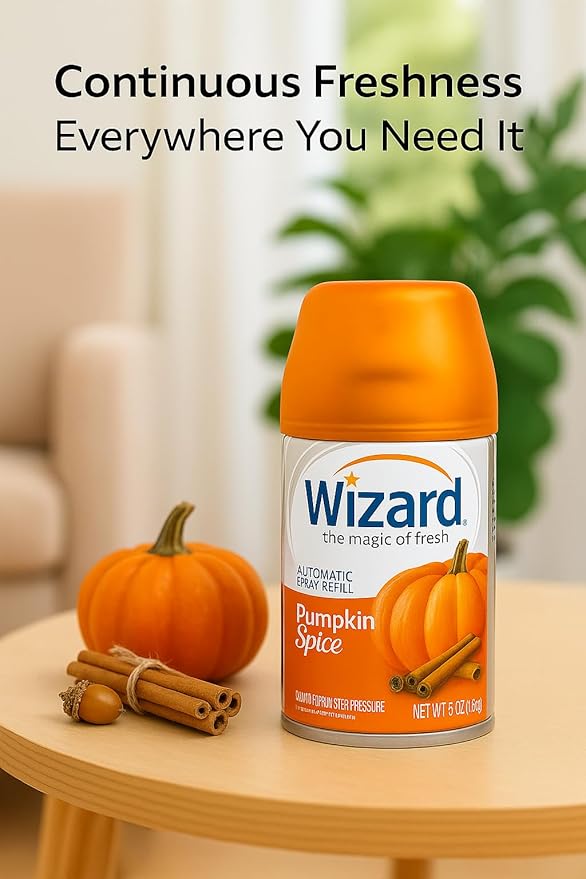 Wizard Automatic Spray Refill – Pumpkin Spice 5 oz (12 Pack) | Compatible with Air Wick Freshmatic &amp Glade Dispensers | Long Lasting Odor Neutralizer for Home &amp Office