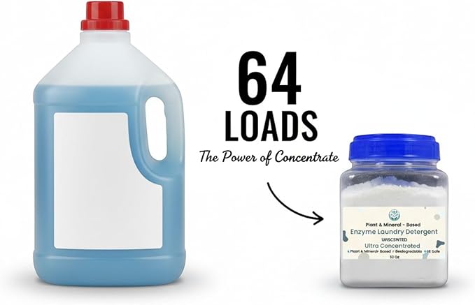 Ultra-Concentrated Enzyme Laundry Detergent - Unscented | Plant &amp Mineral-Based Stain Remover Odor Eliminator | Safe for Sensitive Skin Biodegradable HE Compatible | 32 oz